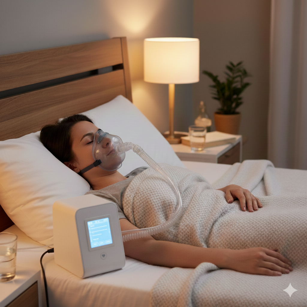 imagem ilustrativa mostranido uma pessoa dormindo com uso de CPAP